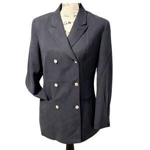 Luxury INC 100% Silk Navy Blue Double Breasted Structured Blazer Jacket Womens 6